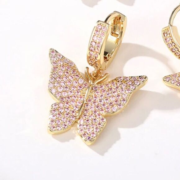Micro Pave Zircon Butterfly Earrings | Gold Tone | 1.25” Drop - Picture 1 of 4